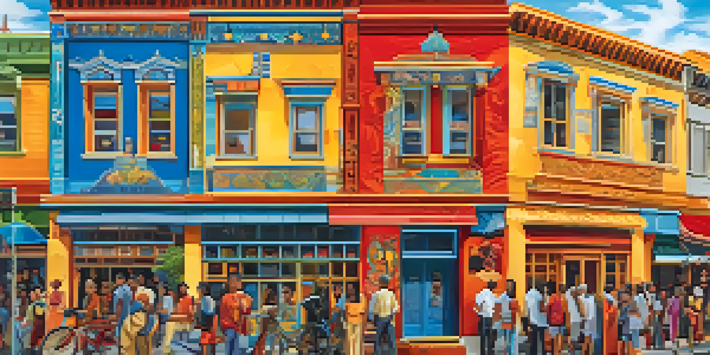 A colorful mural showcasing a community's history and culture, with people admiring it on a sunny street.