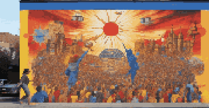 A colorful street art mural that combines local cultural symbols and global icons, set in an urban environment with people interacting with it.