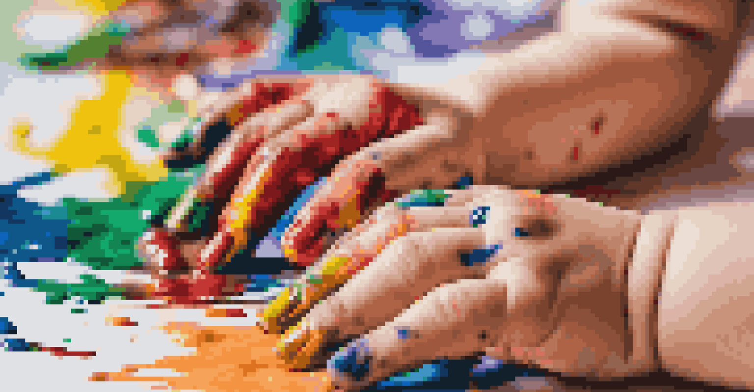A child's hands covered in colorful paint while finger painting, with a blurred background of vibrant colors.