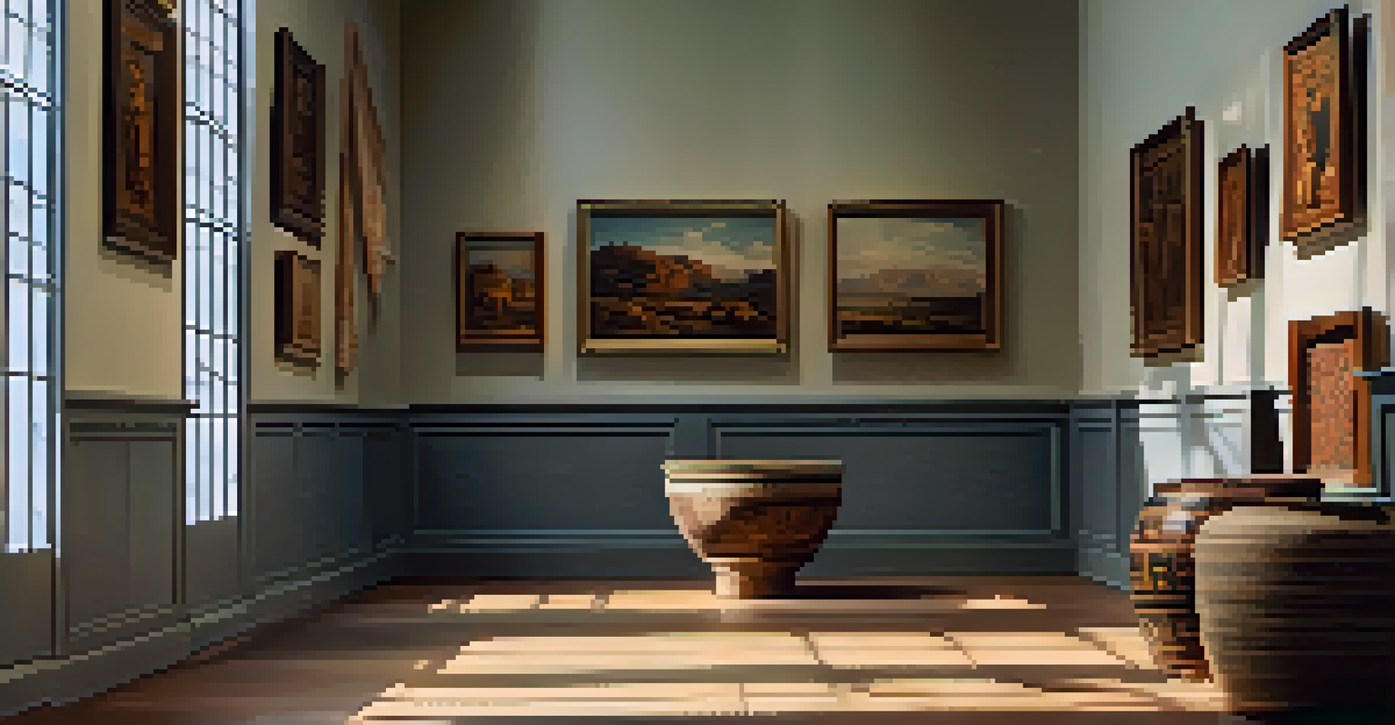 A museum gallery showcasing ancient artifacts with warm lighting and visitors appreciating cultural heritage.