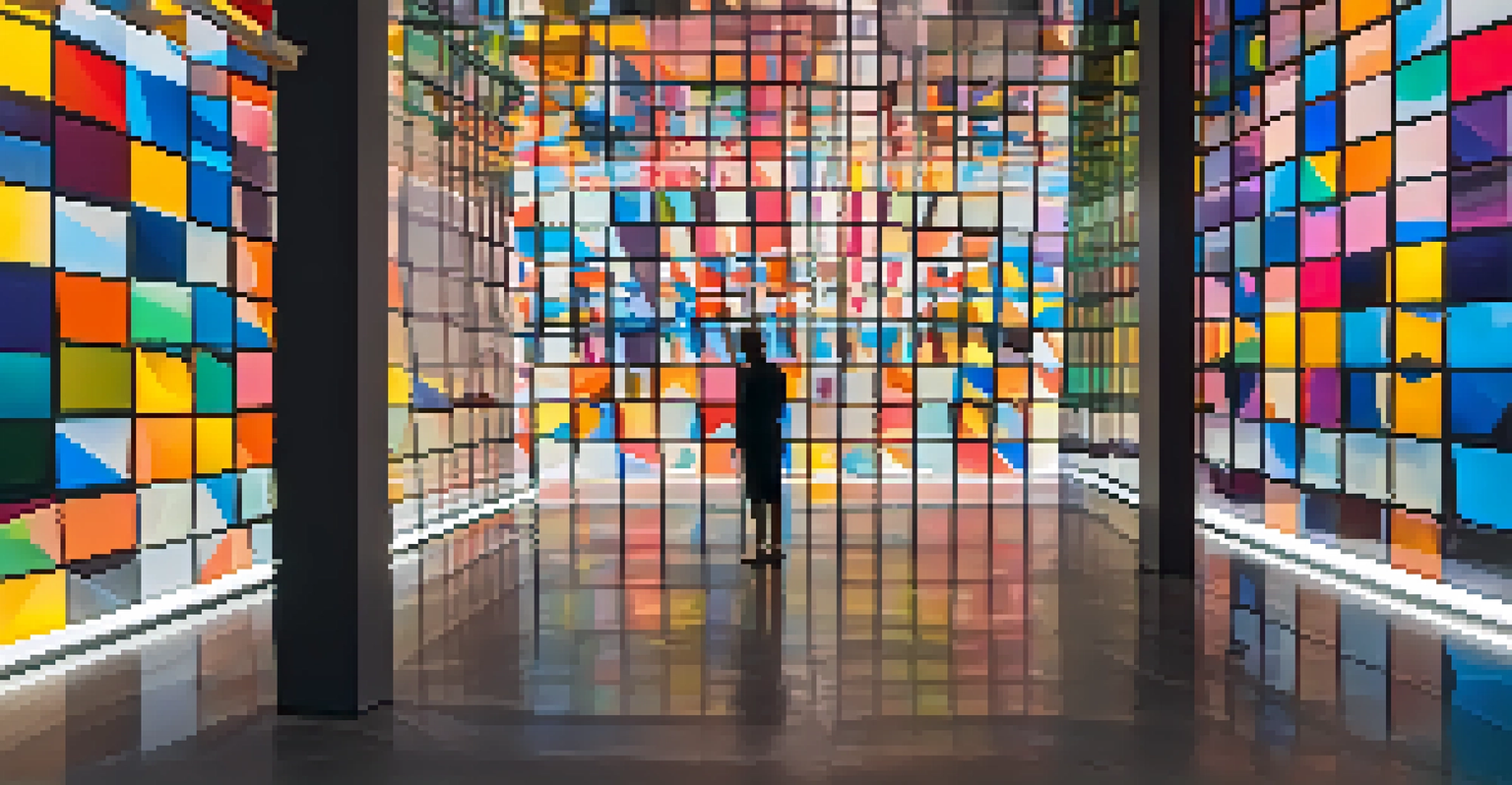 An immersive installation art piece with colorful light reflections and geometric patterns, inviting viewers to engage with the interplay of color and perception.
