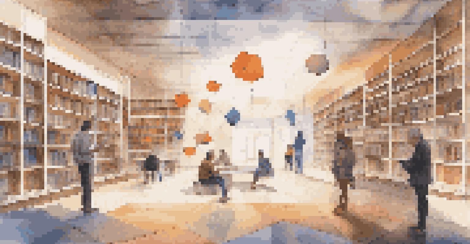A modern library interior with a digital art installation of floating geometric shapes changing colors, and patrons engaged with the space.