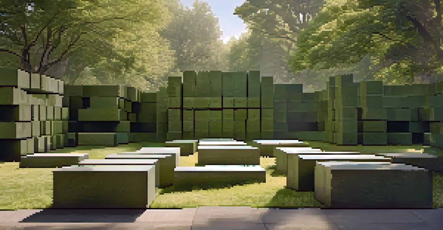 A minimalist outdoor sculpture of rough concrete blocks in a park, surrounded by greenery and sunlight casting shadows.