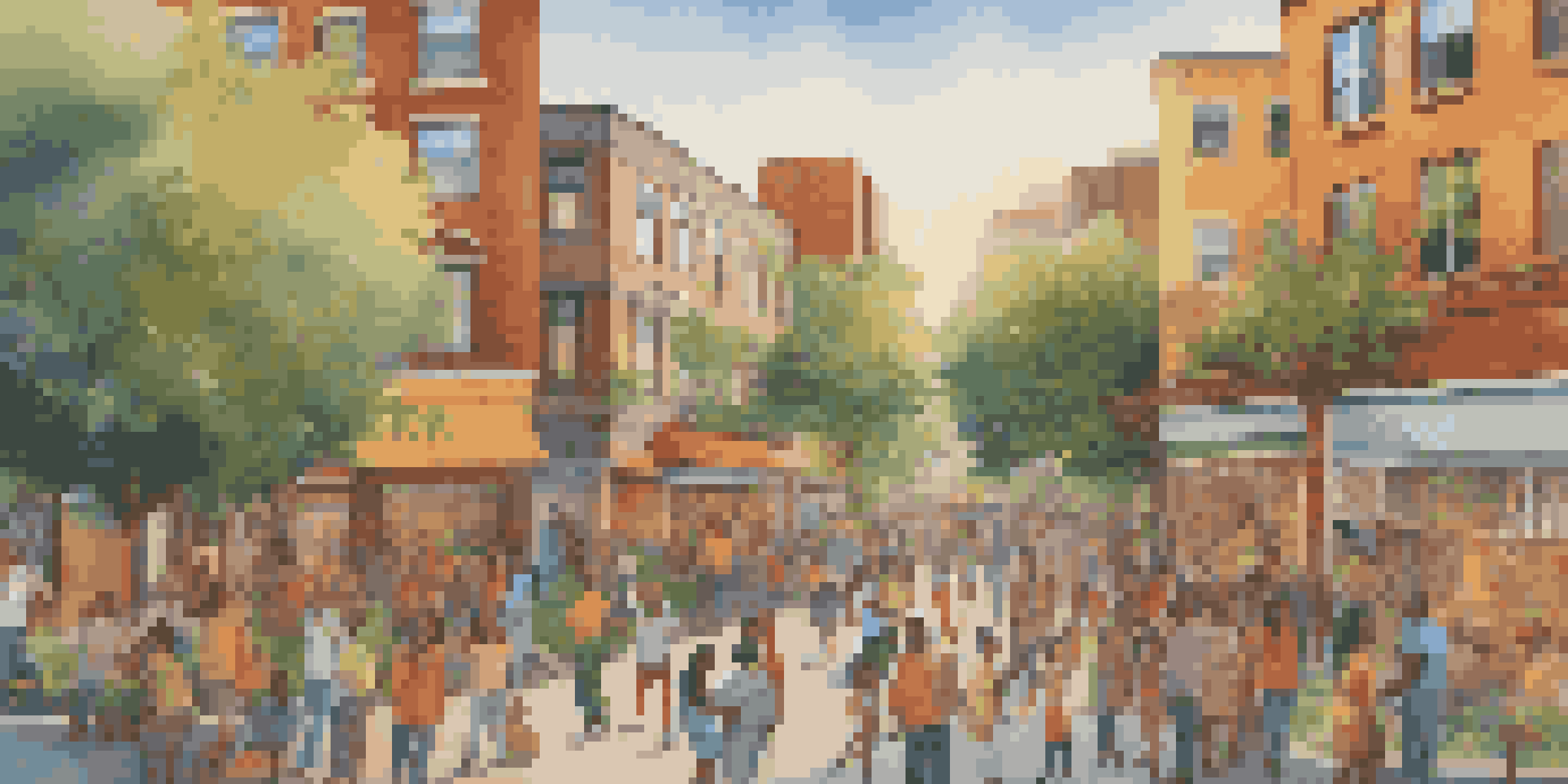 A colorful community mural being painted by diverse individuals in an urban setting, surrounded by greenery and buildings, illuminated by golden hour light.