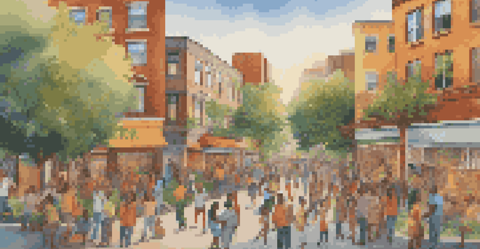 A colorful community mural being painted by diverse individuals in an urban setting, surrounded by greenery and buildings, illuminated by golden hour light.