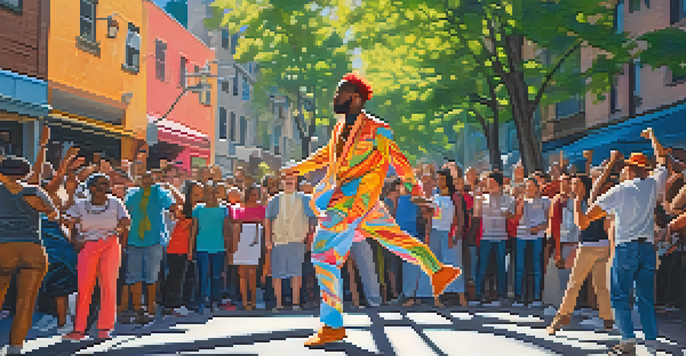 A performance artist in colorful clothing performing on a lively urban street surrounded by an engaged audience.