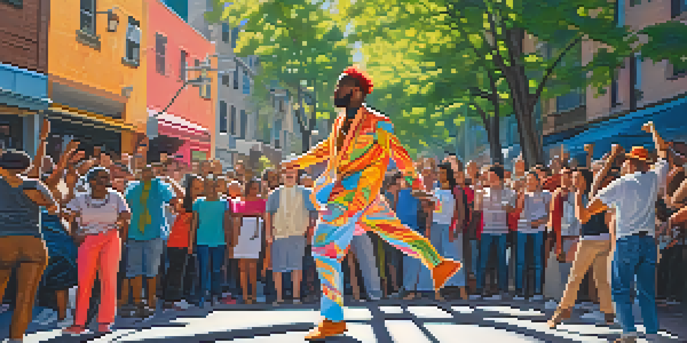A performance artist in colorful clothing performing on a lively urban street surrounded by an engaged audience.