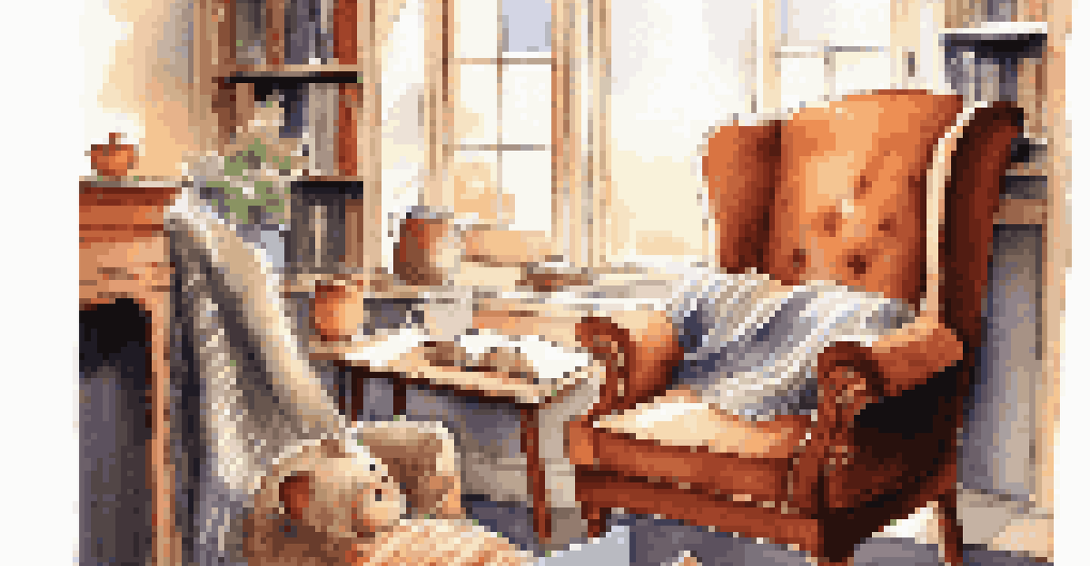 A cozy reading nook featuring an armchair, a cup of tea, an open book, and warm sunlight streaming through the window.