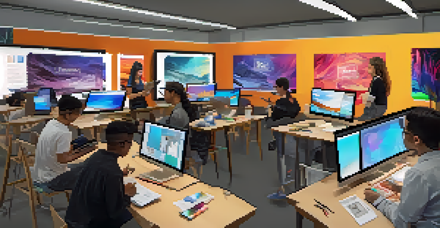 Students in a digital art workshop using technology to create social awareness campaigns, surrounded by modern tools and colorful displays.