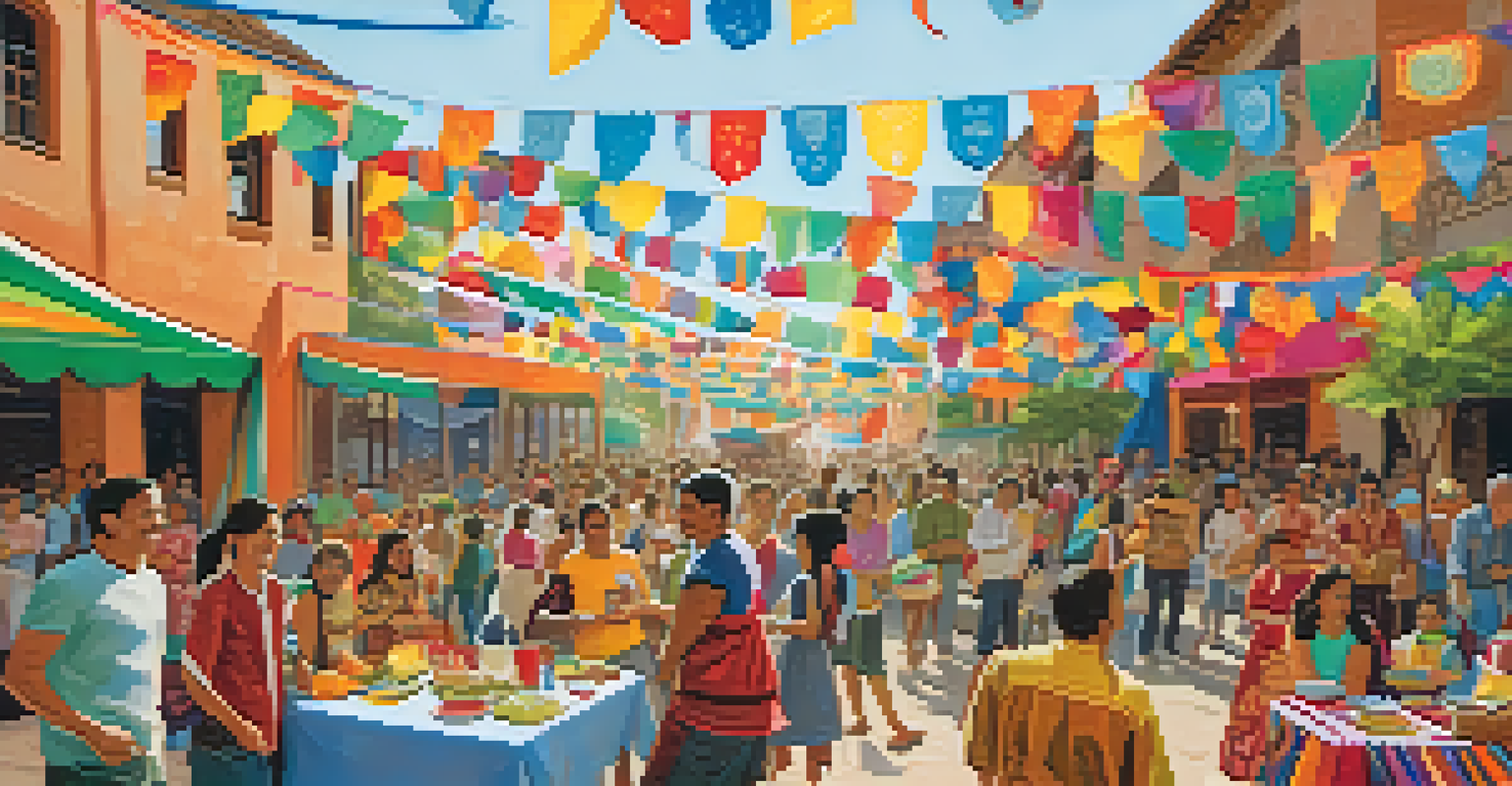A community festival scene with artisans demonstrating folk art, colorful papel picado decorations, and joyful participants in a decorated plaza.