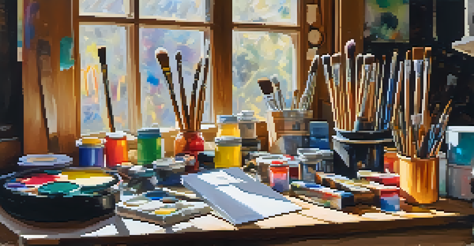 An artist's workspace with colorful paints, brushes, and an unfinished abstract painting illuminated by sunlight.