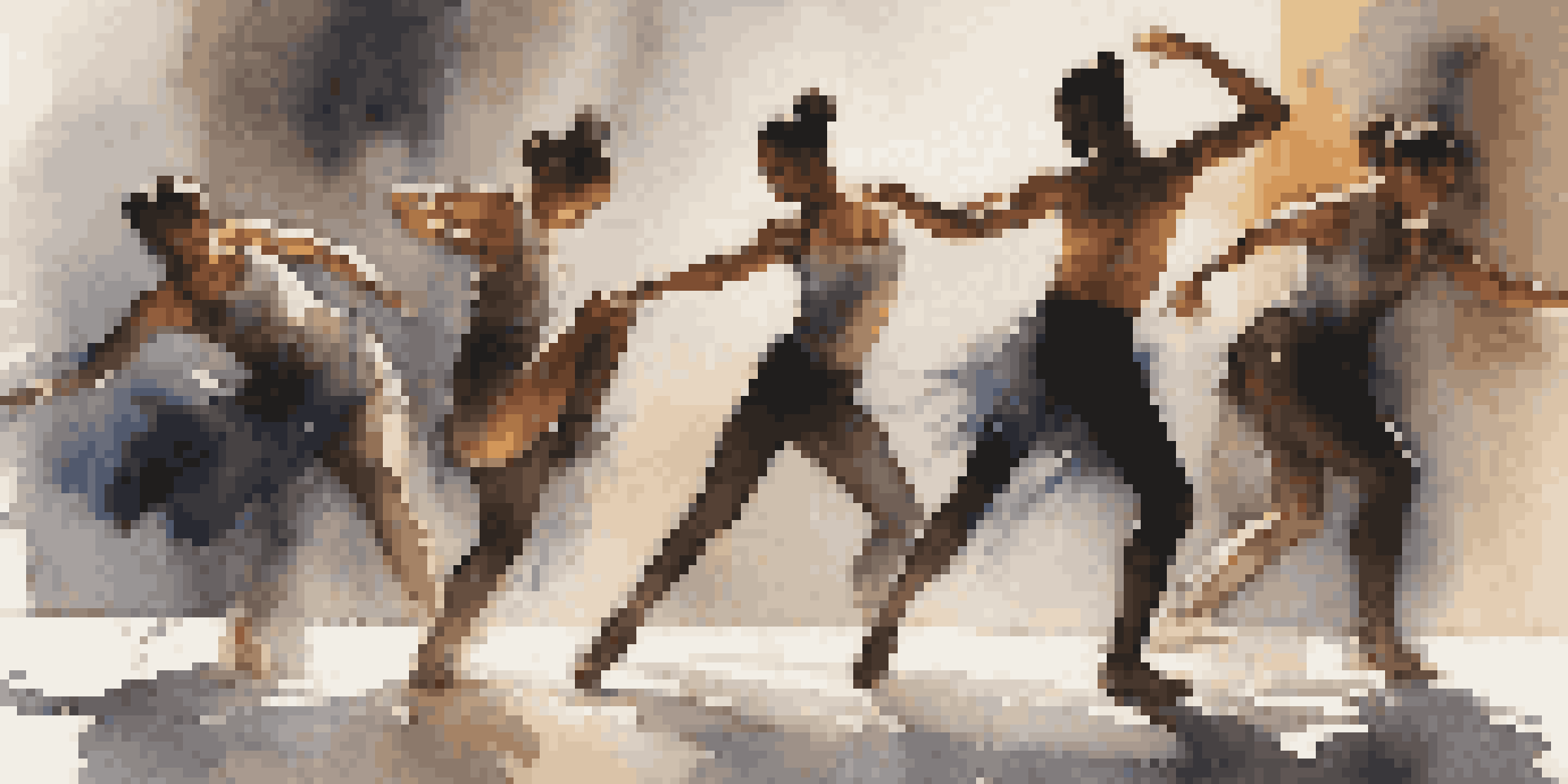 Diverse dancers performing on stage, mid-movement, with dynamic lighting highlighting their physicality and expressions.