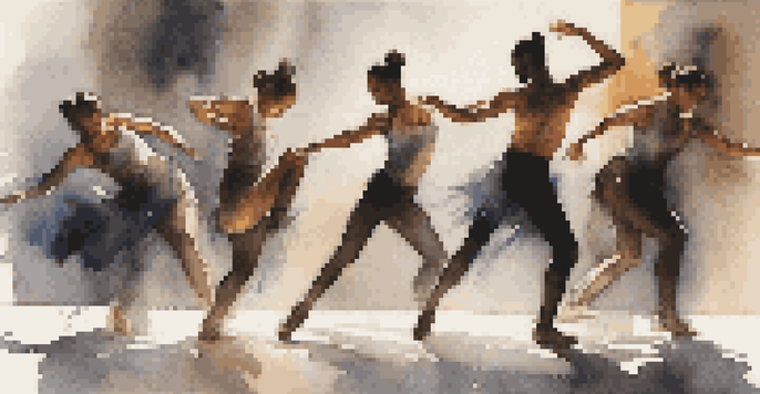 Diverse dancers performing on stage, mid-movement, with dynamic lighting highlighting their physicality and expressions.