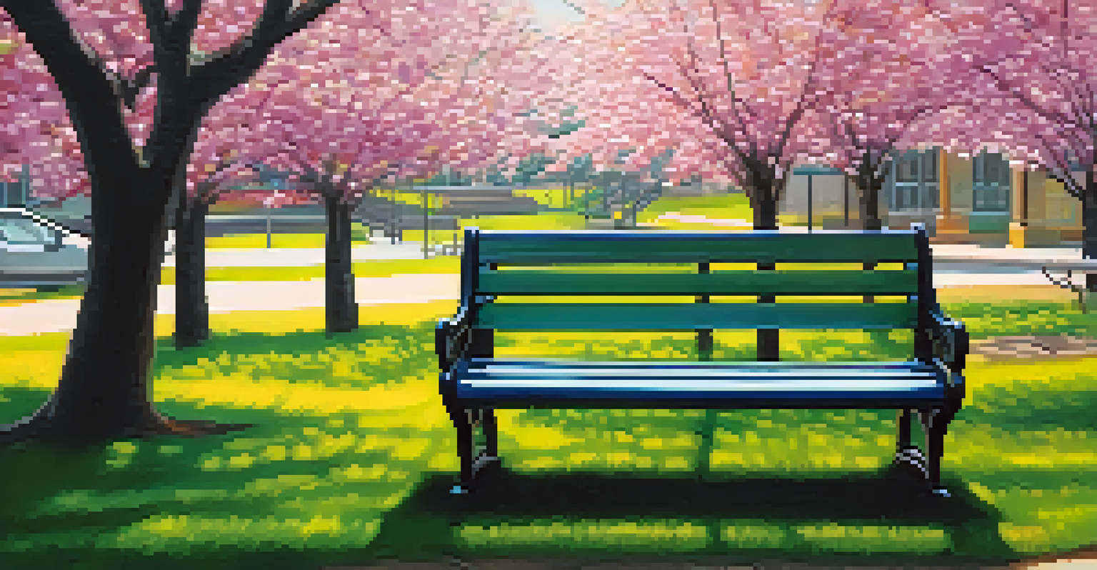 A close-up of an empty park bench surrounded by flowers, highlighting a sense of solitude.