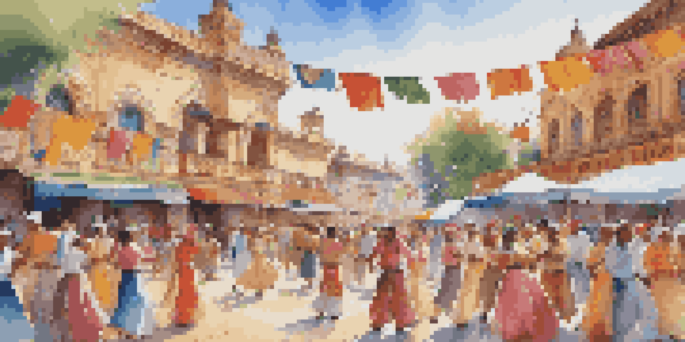 A lively plaza filled with people in traditional costumes dancing, surrounded by decorations and food stalls under a bright sky.