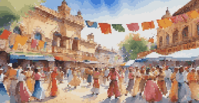 A lively plaza filled with people in traditional costumes dancing, surrounded by decorations and food stalls under a bright sky.