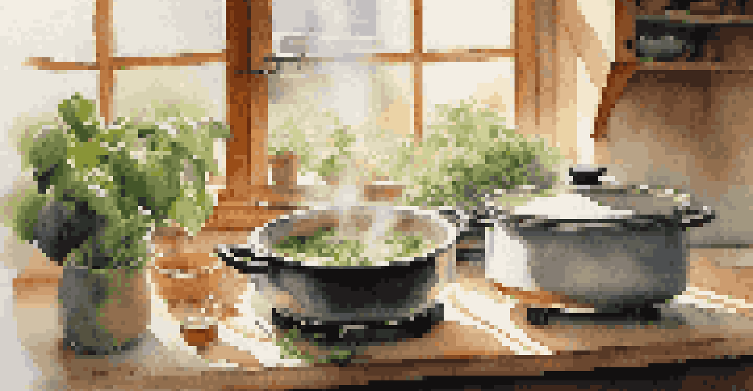 A steaming pot of broth with fresh basil and garlic on the stove, with sunlight filtering through a kitchen window.