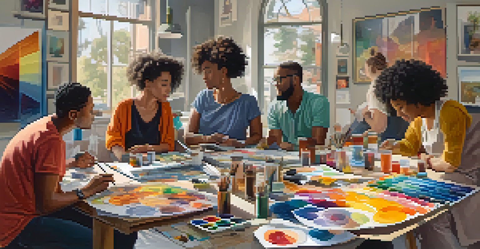 A group of artists collaborating and sharing feedback in a vibrant art session.