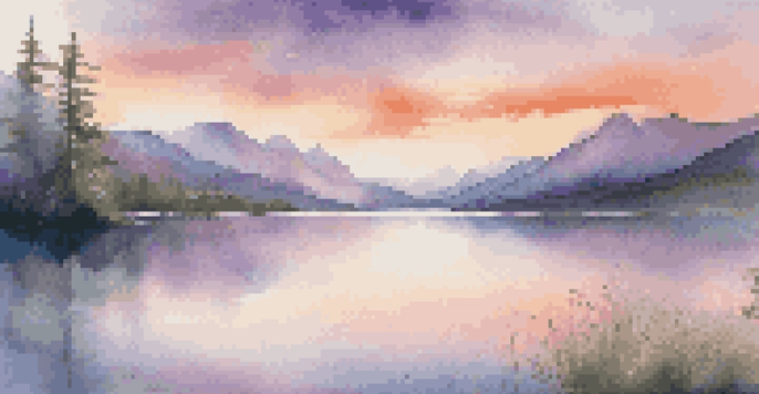 A beautiful sunset over a calm lake surrounded by mountains, with colorful reflections and mist hovering above the water.