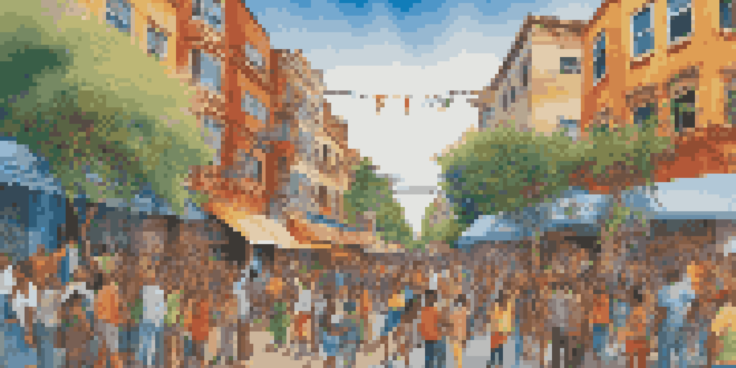 A colorful street mural featuring diverse artists working together on a large canvas, surrounded by greenery and a bright blue sky.