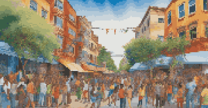 A colorful street mural featuring diverse artists working together on a large canvas, surrounded by greenery and a bright blue sky.