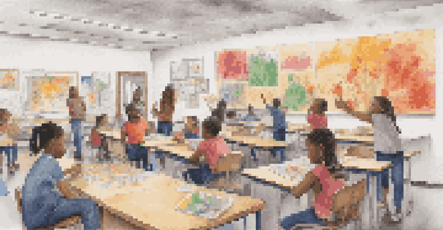 Students in a classroom creating art about economic inequality, guided by a teacher with colorful artwork on the walls.