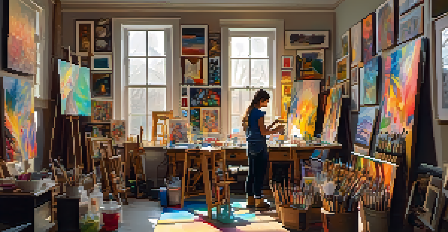 An artist's workshop in a museum with art supplies scattered around and a young artist painting an abstract piece, illuminated by warm sunlight.