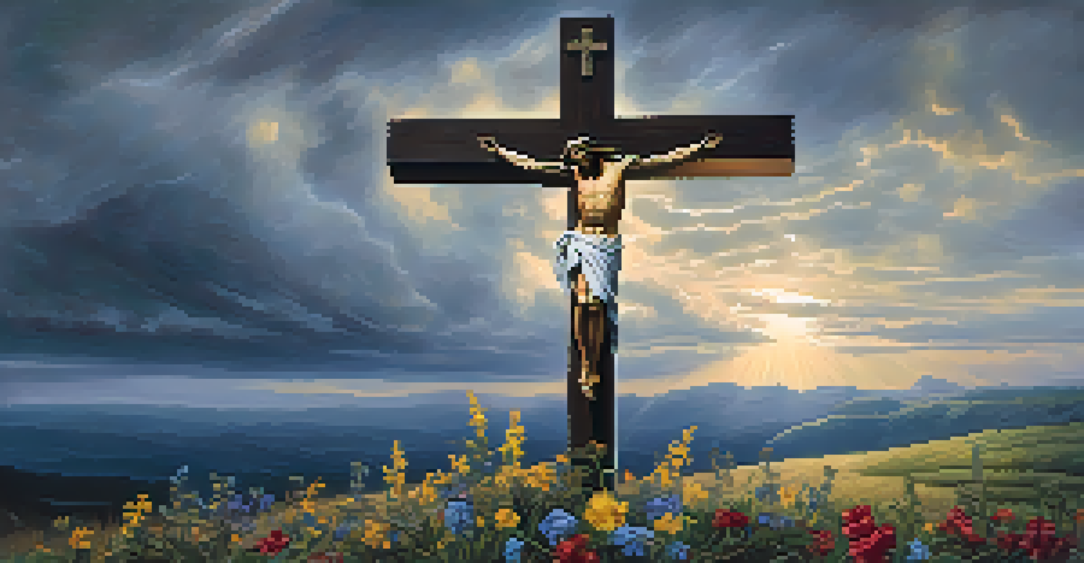 An emotional portrayal of Christ on the cross, set against a dramatic sky, capturing his compassionate expression.