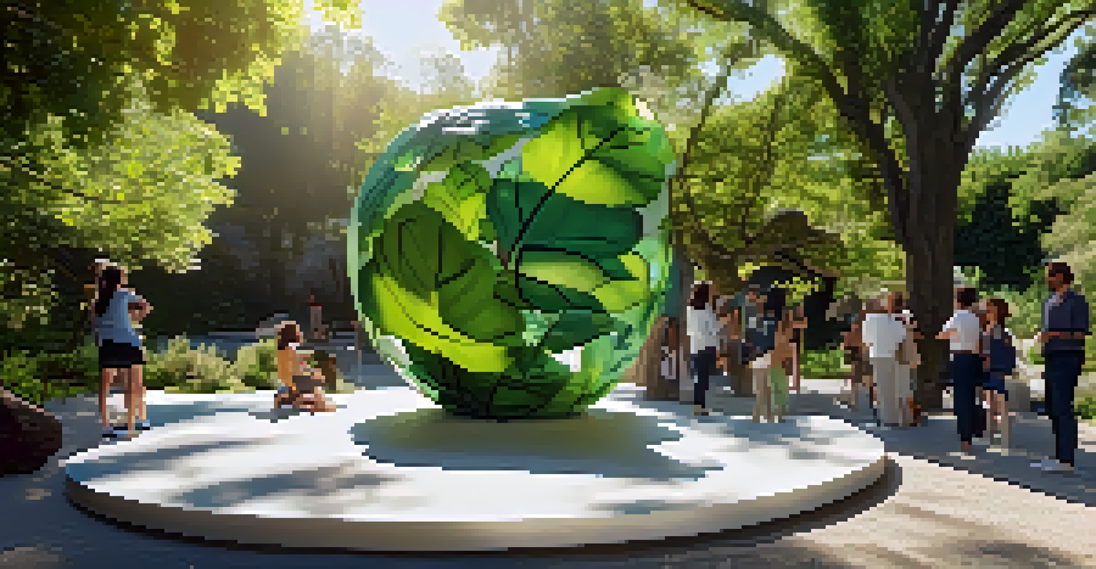 An outdoor art installation with sculptures made from sustainable materials, surrounded by greenery and dappled sunlight.