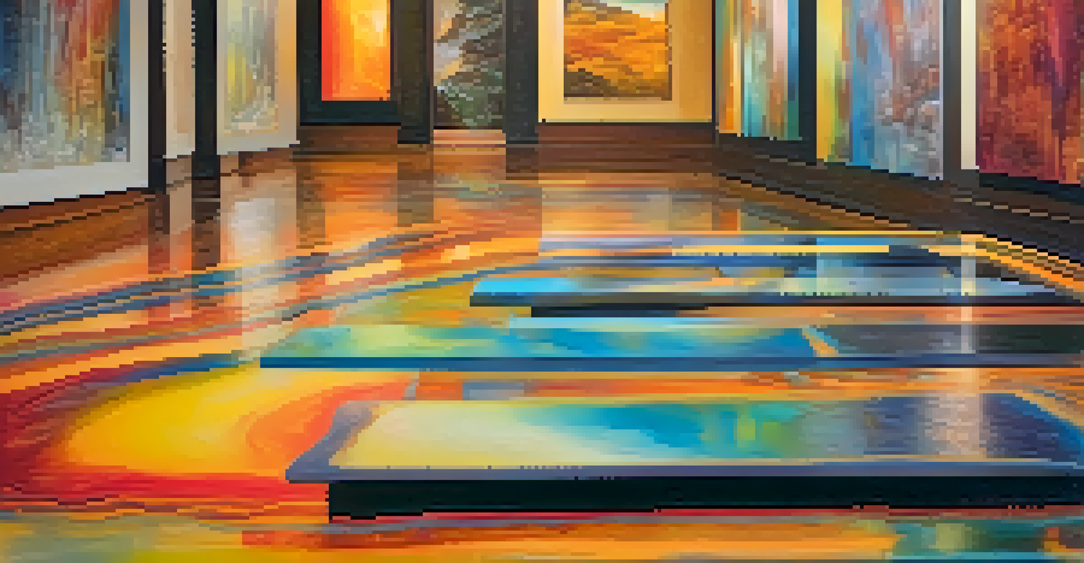 An encaustic artwork in an art gallery, featuring vibrant colors and textures, beautifully lit to highlight its glossy surfaces.