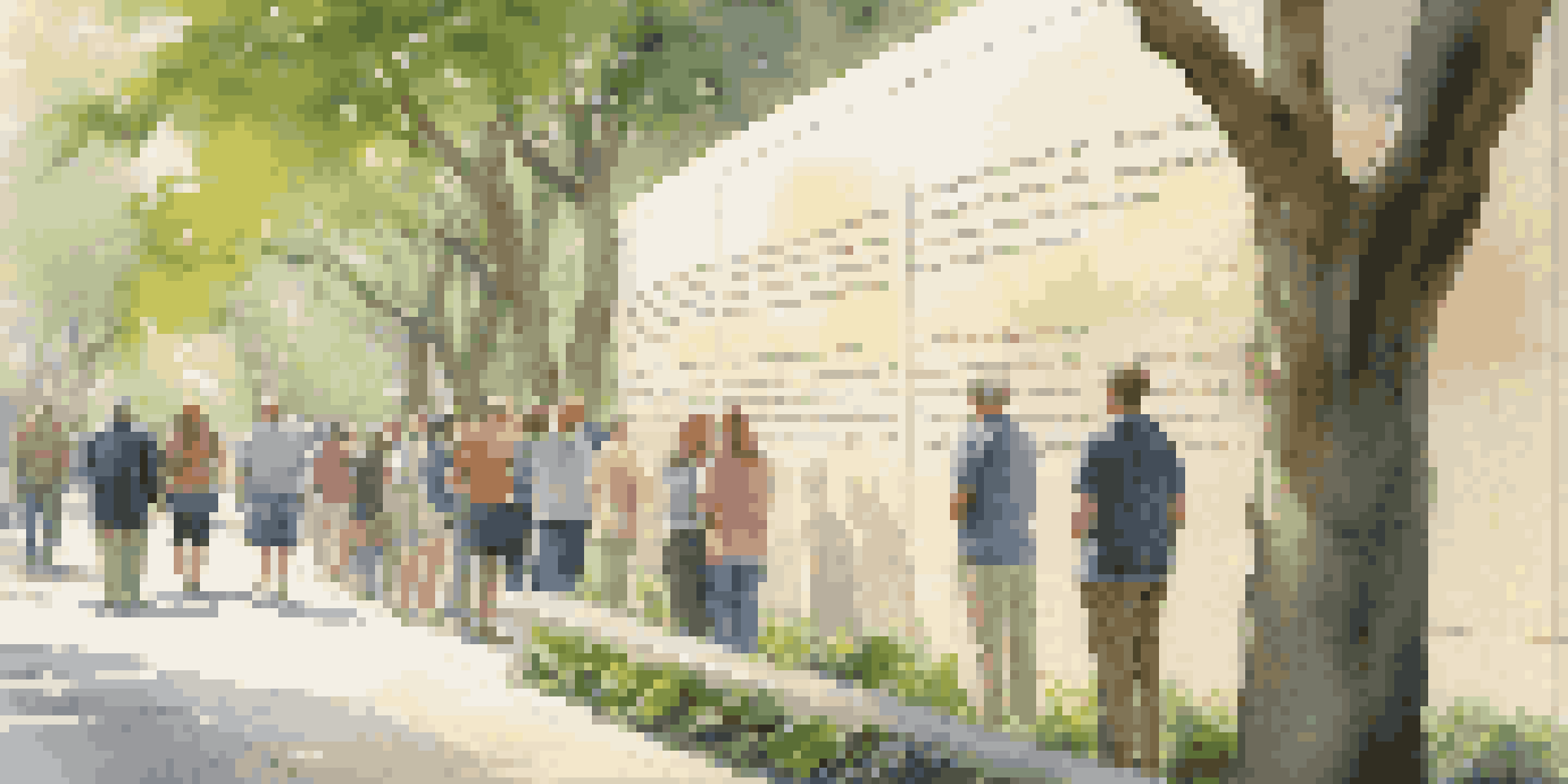 A reflective memorial wall surrounded by greenery, with visitors of different backgrounds interacting with it in a contemplative manner.