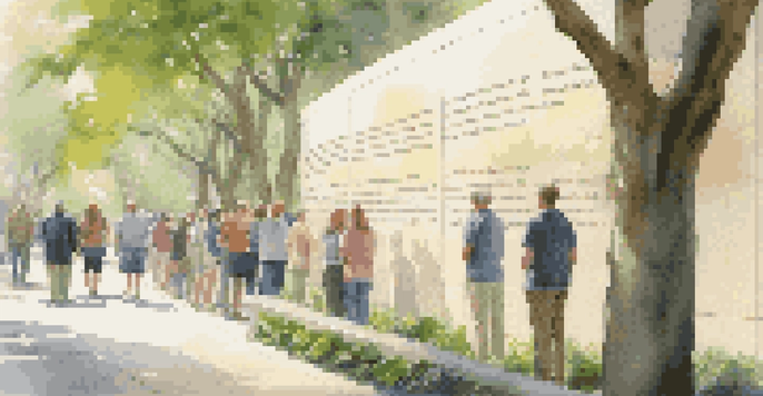 A reflective memorial wall surrounded by greenery, with visitors of different backgrounds interacting with it in a contemplative manner.