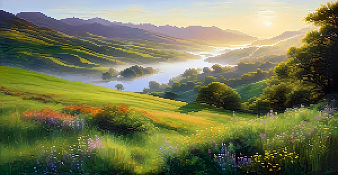 A beautiful landscape showing a lush green valley at sunrise with mist, wildflowers, and a tranquil river.