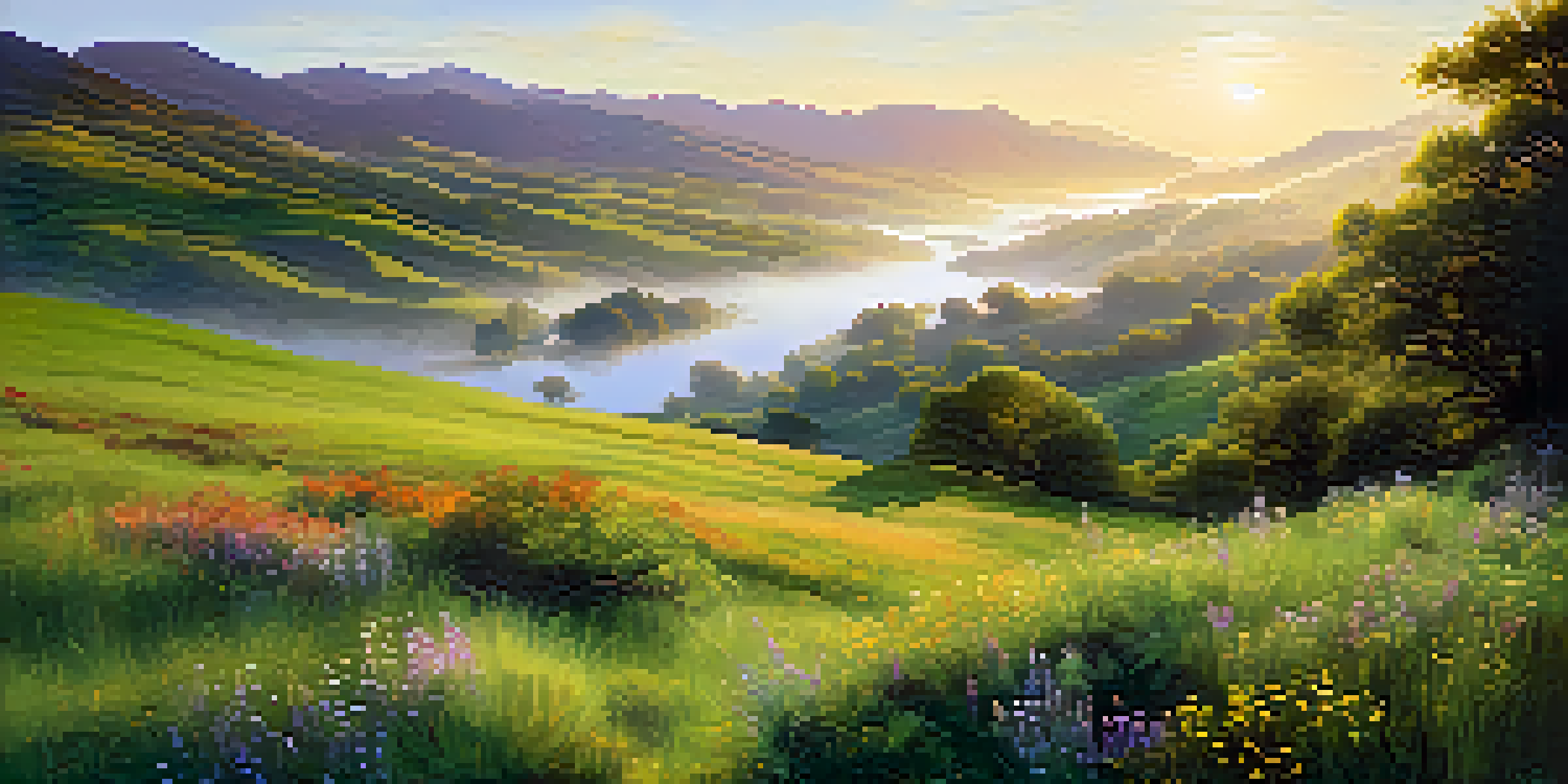 A beautiful landscape showing a lush green valley at sunrise with mist, wildflowers, and a tranquil river.