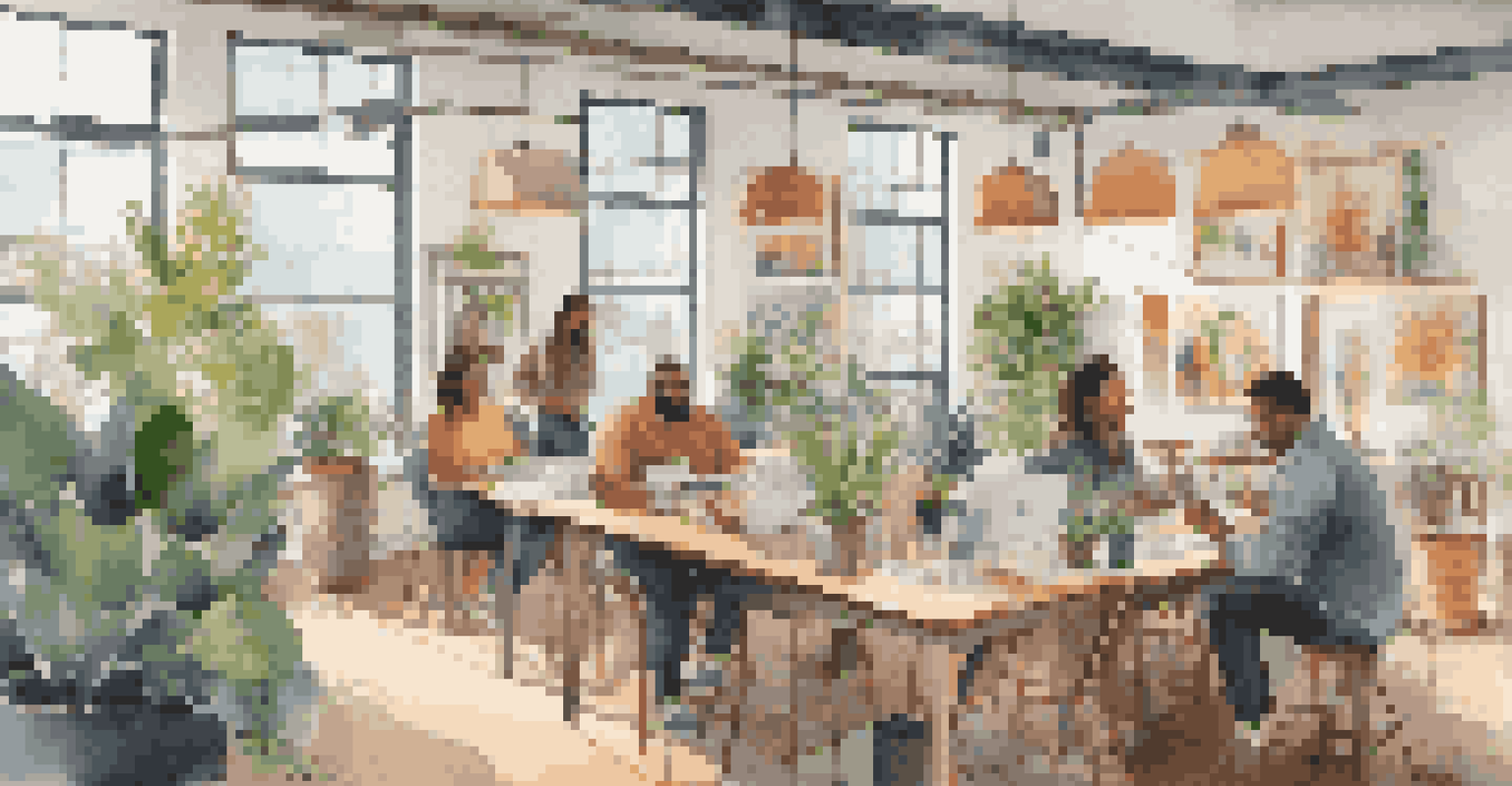 A lively co-working space with artists collaborating, surrounded by colorful artwork and plants.