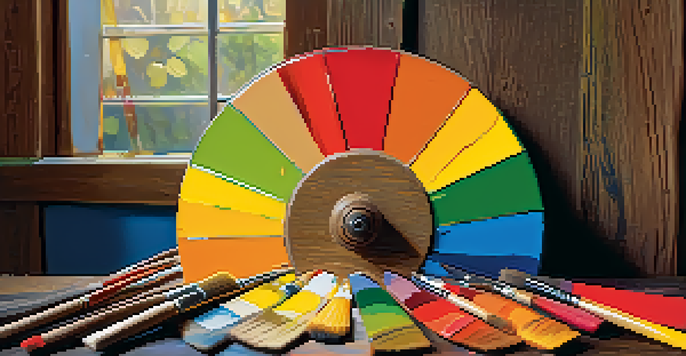 A color wheel on a wooden table with paintbrushes and paint splatters, illuminated by sunlight.