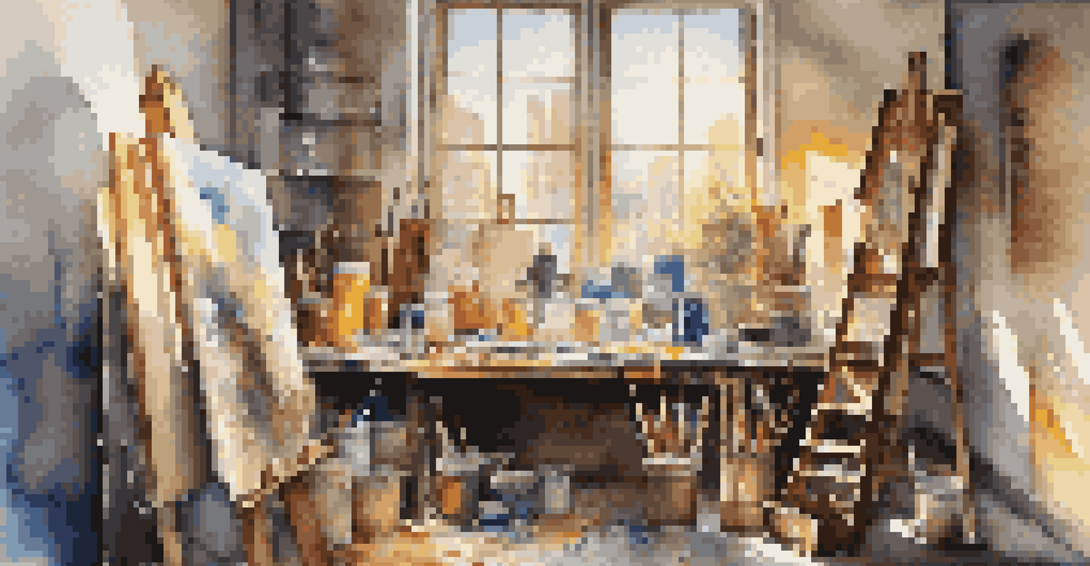 An artist's studio bathed in sunlight, showcasing colorful paints, a half-finished cityscape painting, and various art supplies.