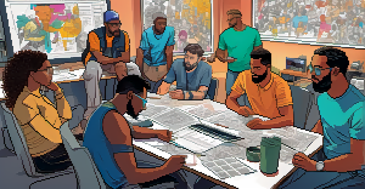 A diverse group of comic creators collaborating in a modern workspace, surrounded by sketches and vibrant colors.