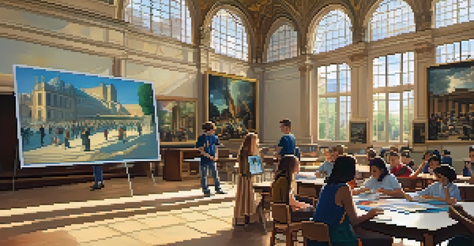 A digital classroom with students engaging in an art history lesson, colorful posters, and a large screen showing a virtual tour.