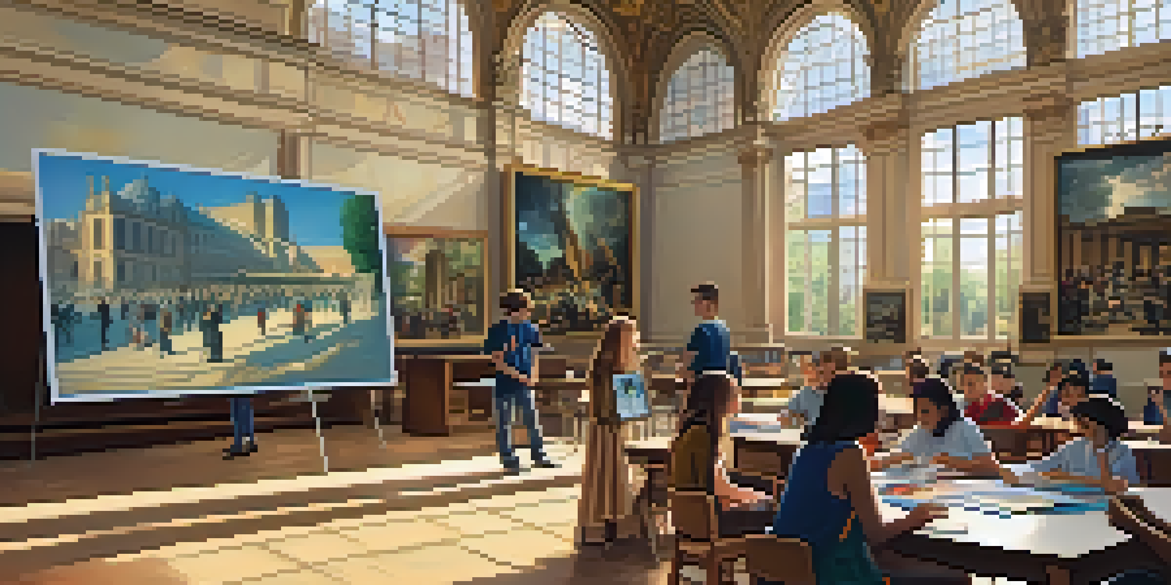 A digital classroom with students engaging in an art history lesson, colorful posters, and a large screen showing a virtual tour.
