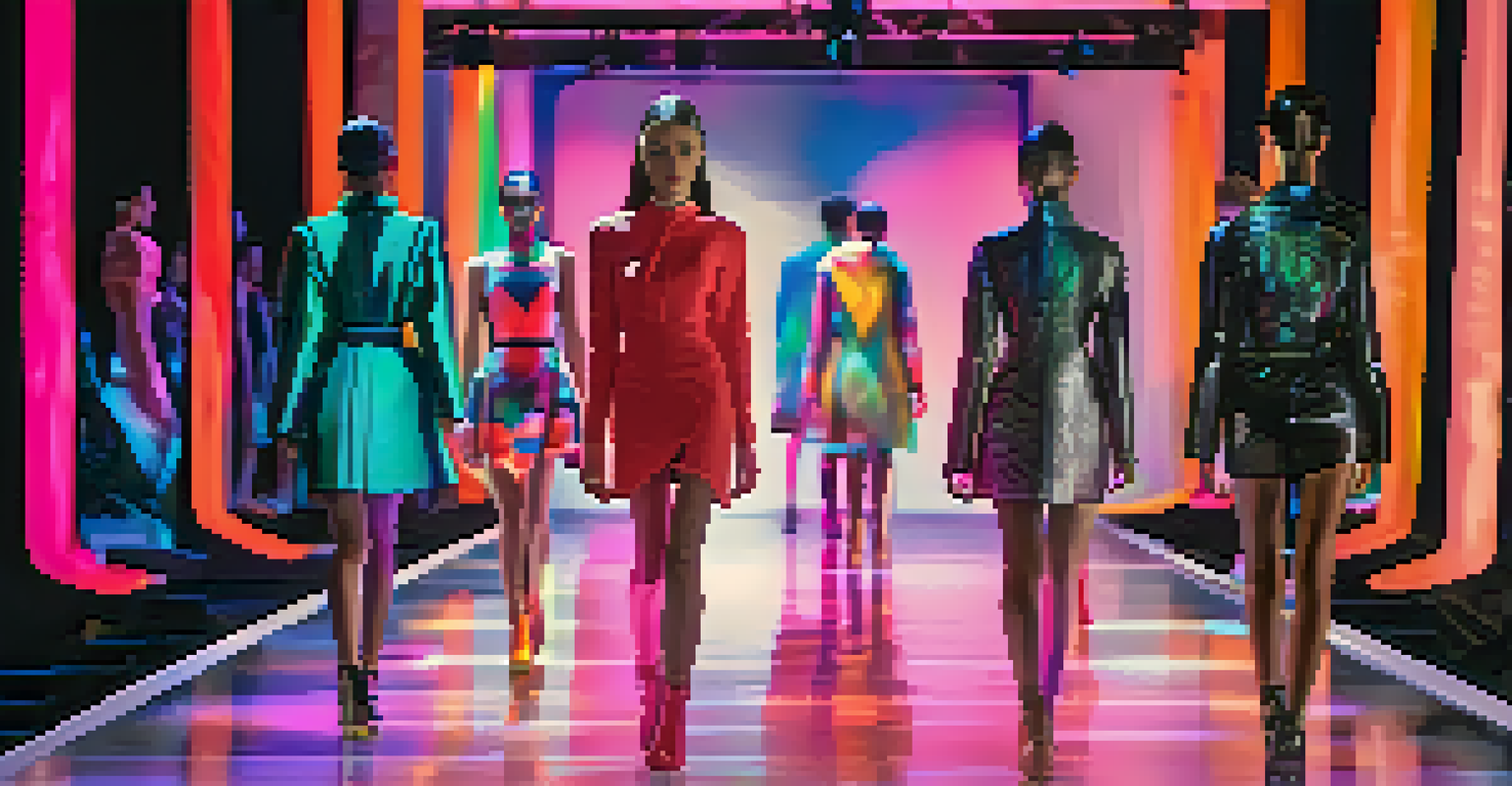 A futuristic fashion runway showcasing models in innovative 3D printed designs, illuminated by colorful lights, with an engaged audience.