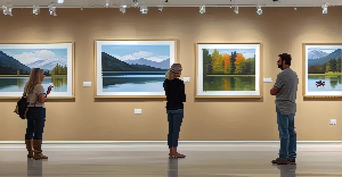 An art gallery filled with colorful paintings of lakes, illuminated by sunlight, with people quietly admiring the artwork and the sound of water in the background.