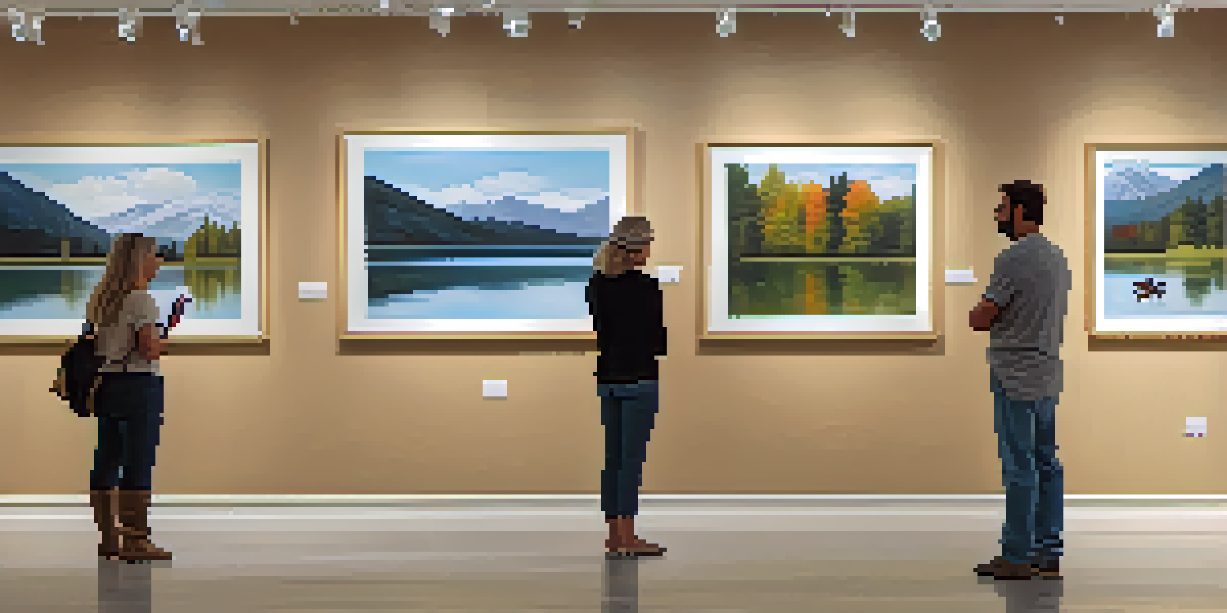 An art gallery filled with colorful paintings of lakes, illuminated by sunlight, with people quietly admiring the artwork and the sound of water in the background.