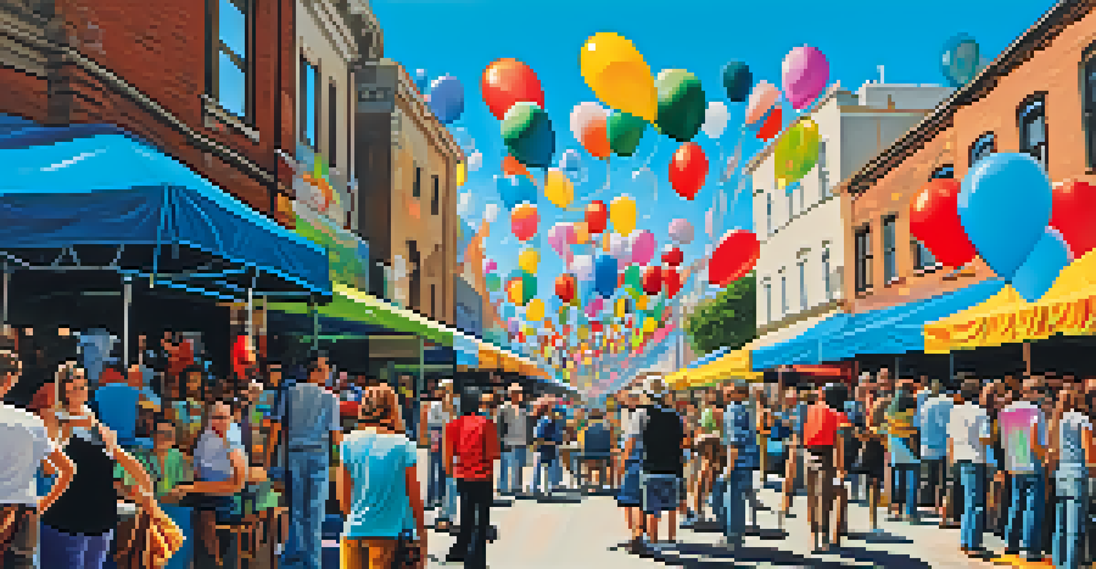 A lively street art festival with artists painting and community members enjoying food and music.