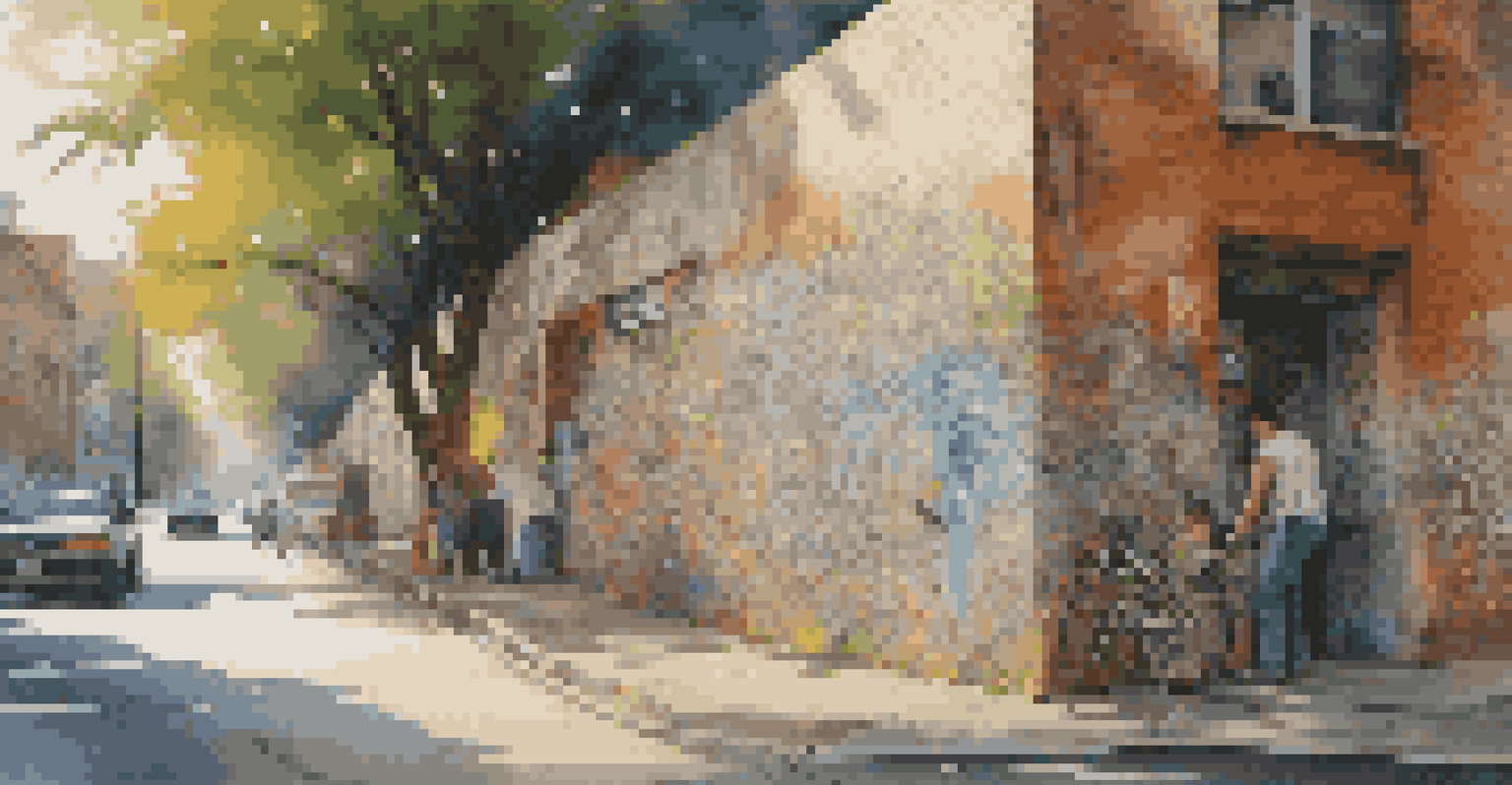 A street wall filled with colorful graffiti art, with an artist adding to it in morning light.