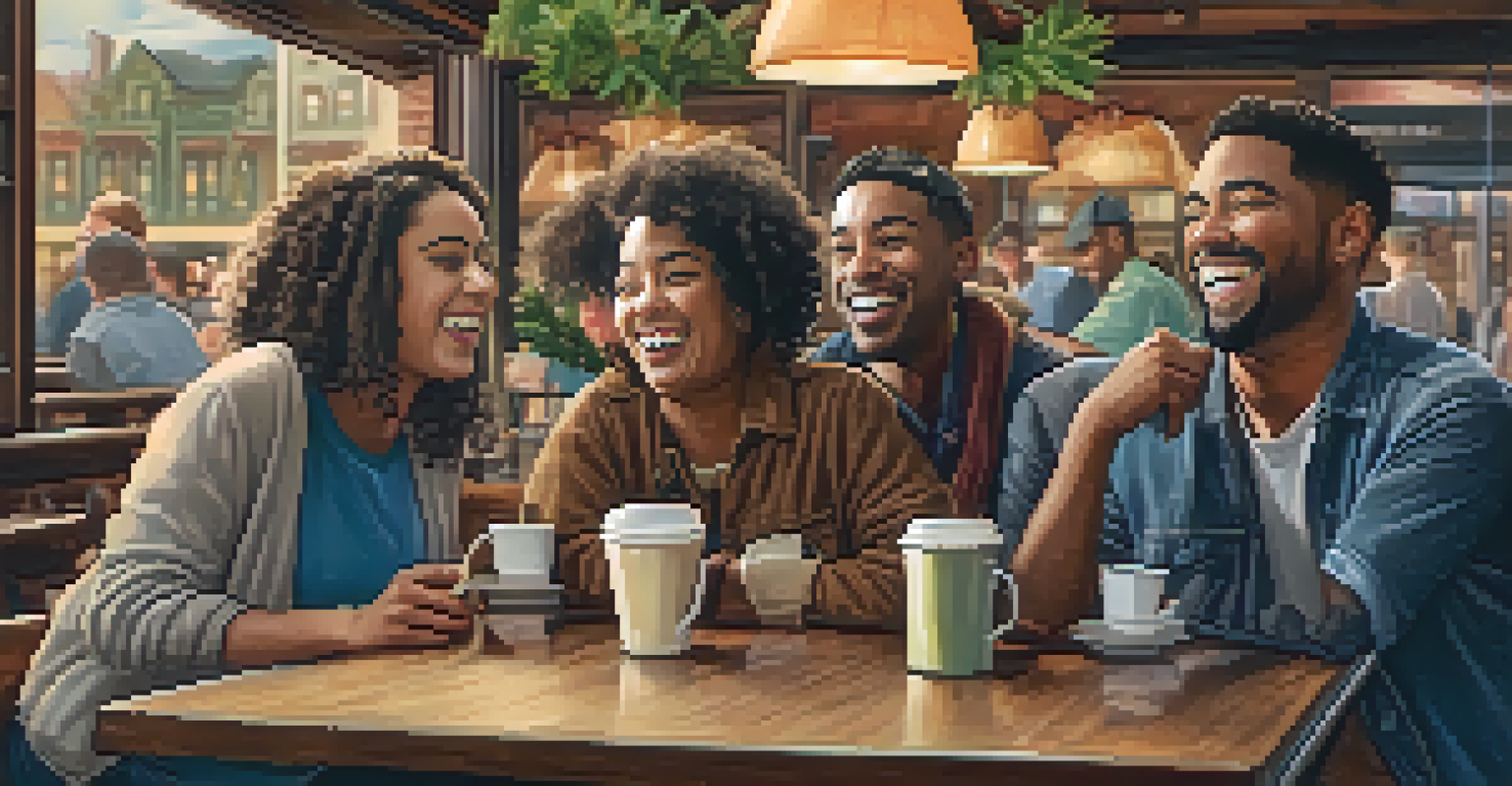 A group of friends, including one with a visible disability, laughing together in a cozy coffee shop.