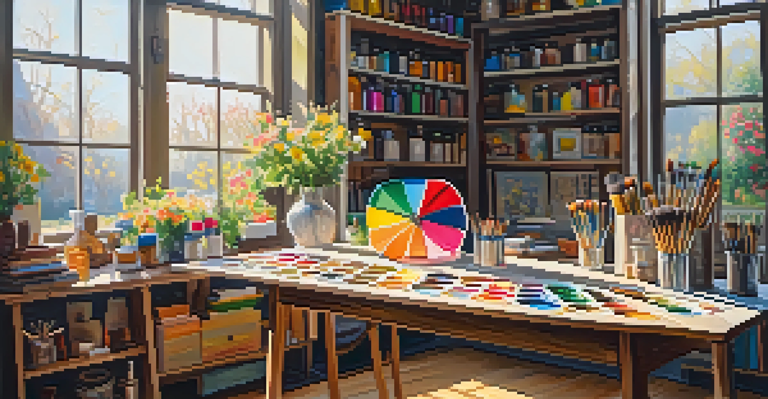 An artist's studio with colorful paints, a half-finished flower painting, and brushes scattered on a table.