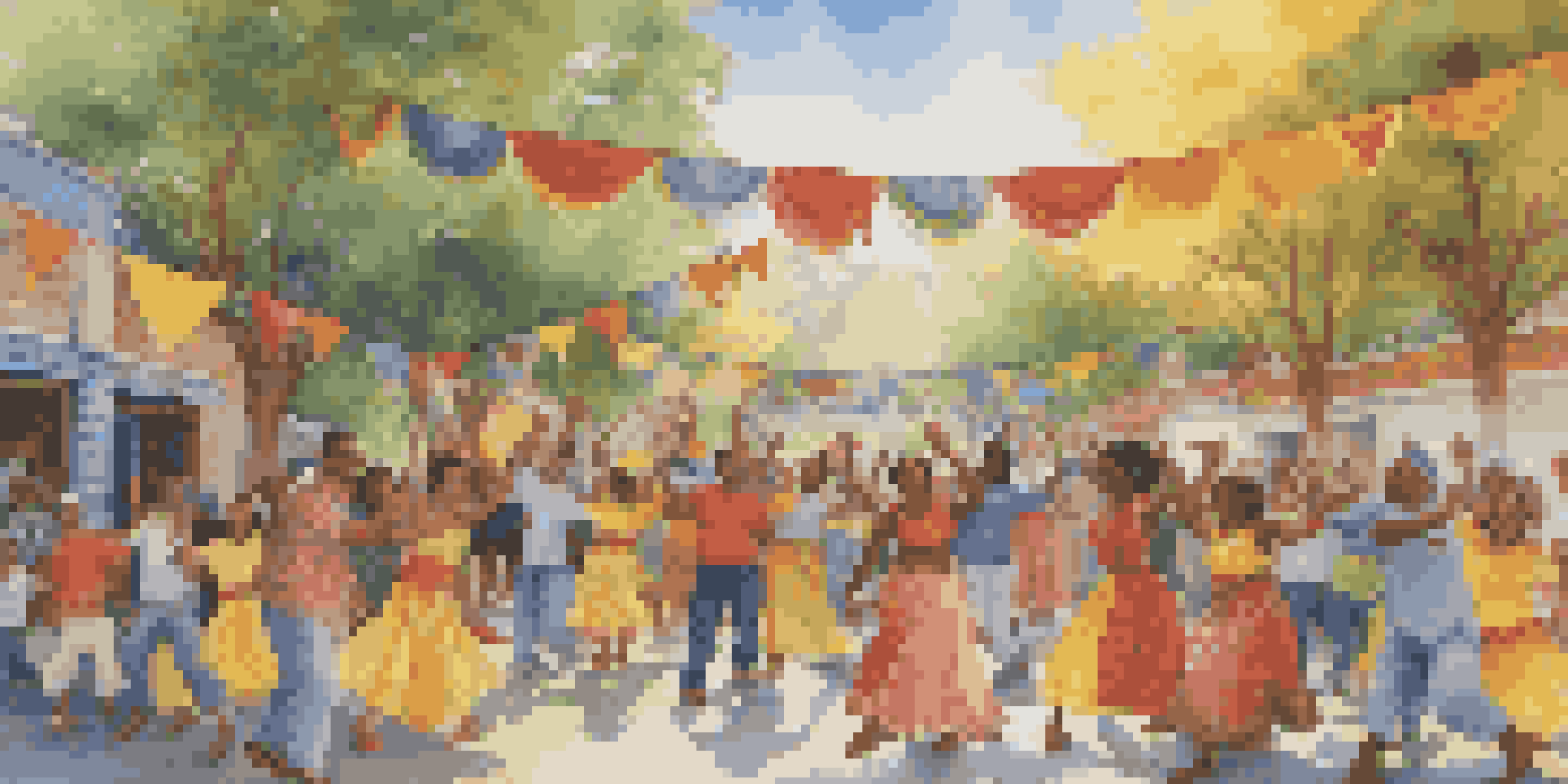 A colorful street mural illustrating a community celebration with diverse individuals, bright colors, and festive decorations under soft sunlight.
