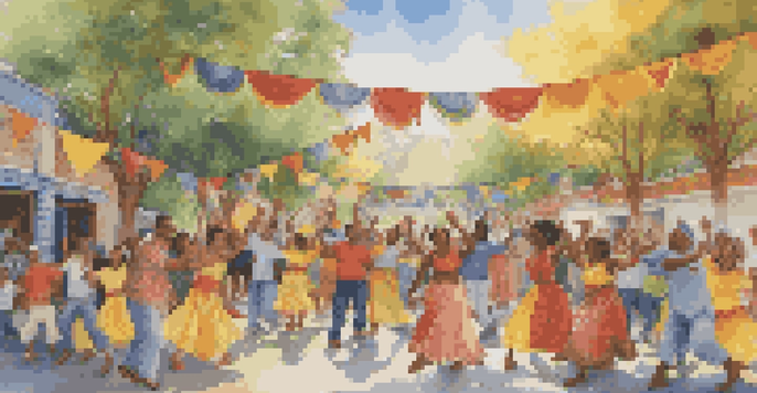 A colorful street mural illustrating a community celebration with diverse individuals, bright colors, and festive decorations under soft sunlight.