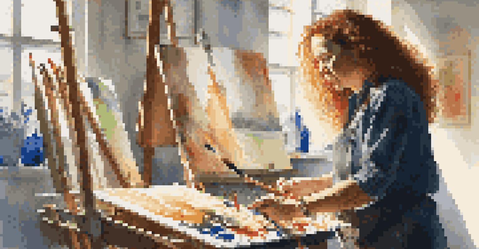 An artist working in a brightly lit studio, creating an abstract painting with vibrant colors.